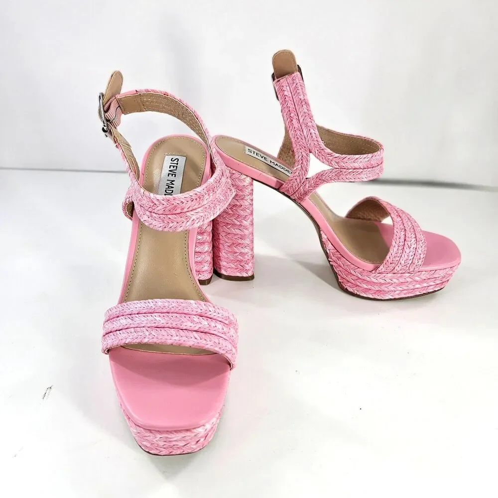 Steve Madden Lombardo Heeled Sandal Pink Raffeta Platform Buckle Ankle Strap W8 - Picture 2 of 16